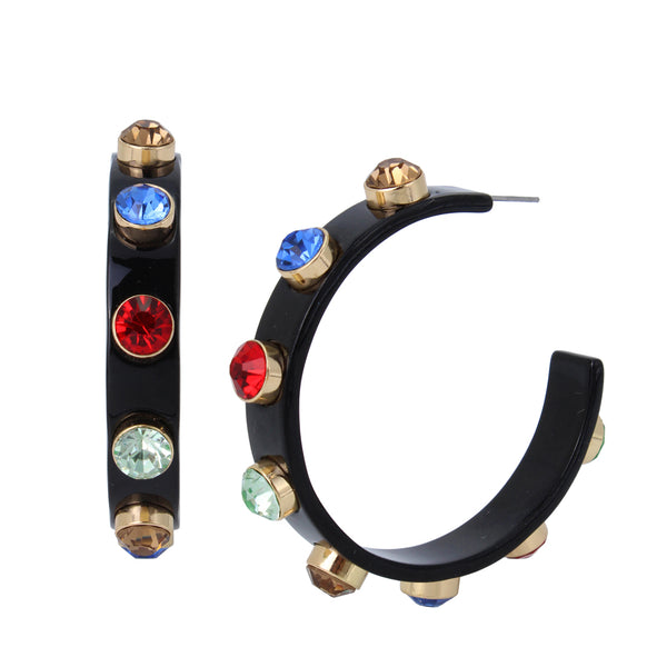 STONE RESIN HOOP EARRINGS BLACK